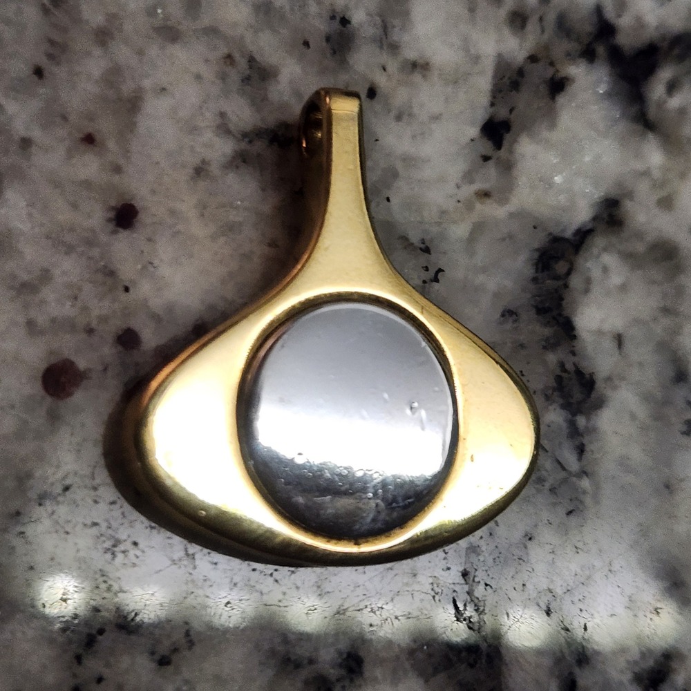 Vintage Avon Two Tone Gold and Silver Oval Teardrop Pendant Signed Minimalist